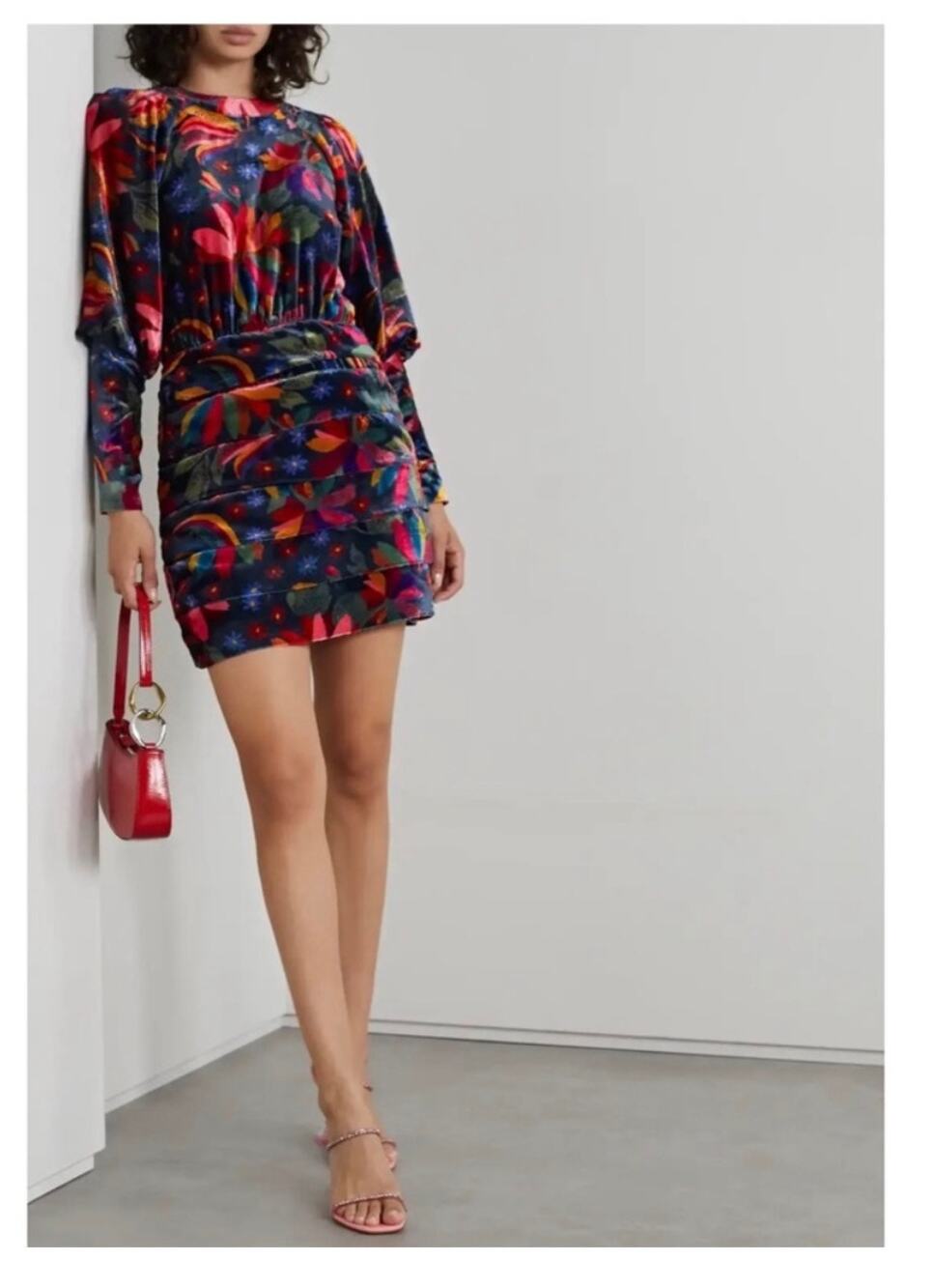 FARM Rio Banana Sky Velvet Mini Dress Medium Floral Ruched Anthropologie Boho